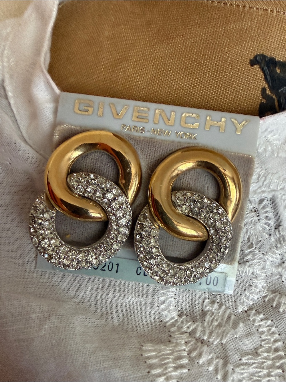 Vintage Givenchy Rhinestone Two Tone Clip On Earrings